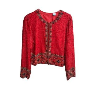 Silk Fully Lined and Beaded Red Black Gold Hook Eye Front Closure Jacket Large